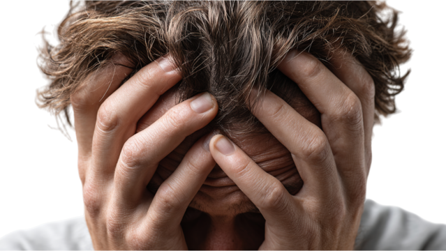 Distressed Caucasian male holding his head in his hands expressing deep anguish and frustration isolated on transparent background