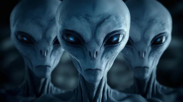 Three grey aliens with oversized heads and dark almond-shaped eyes stare at the viewer.