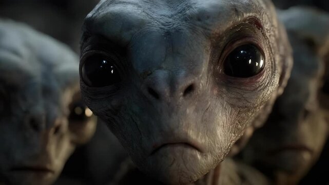 Close-up of several gray aliens with large black eyes and pale, wrinkled skin.
