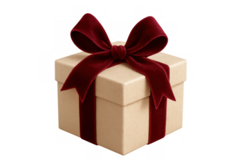 Beige gift box with red velvet ribbon and bow, symbolizing celebrations, giving, and holiday surprises