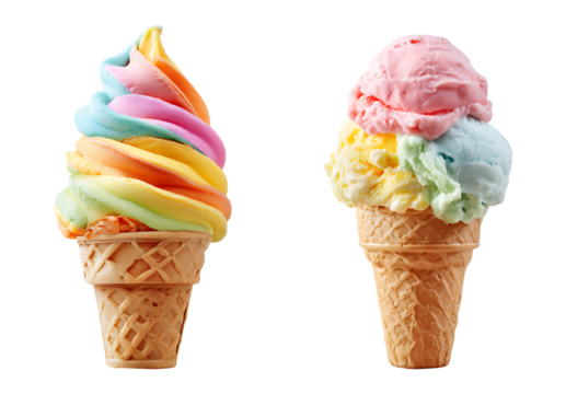 Rainbow Ice Cream Cone with Three Colorful Scoops isolated on a transparent background - Powered by Adobe