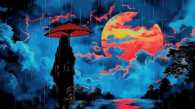 Geisha silhouette holding red umbrella during stormy night