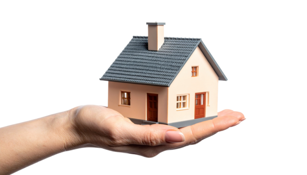 A miniature house delicately held in a human hand, showcasing the concept of home ownership and property