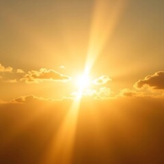 Sunlight with an intense glare effect. A golden sky with the sun obscured by clouds, emitting a strong ray of light upwards.
