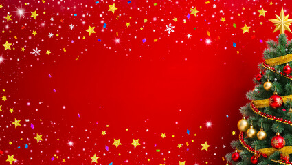 Christmas tree with golden stars and confetti on red background with copy space