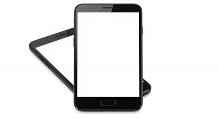Two black smartphones with blank white screens on a white background.