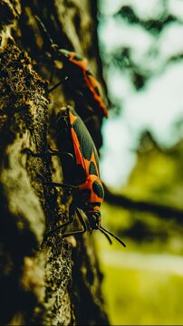 Boxelder Bugs Crawling on Tree Bark Close Up
