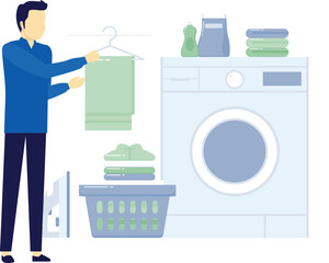 Man is arranging wash clothes in basket