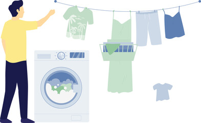 Man is drying clothes on rope