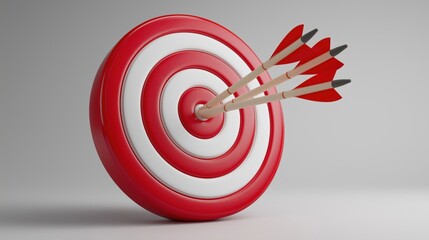 Three arrows hitting the bullseye target representing success, business goals, and achievement with focus on accuracy and precision for marketing