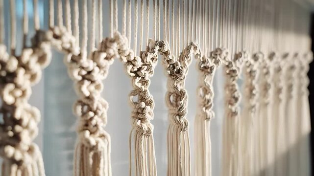 Close-up of a macrame wall hanging with repeating knotted tassels hanging from a rod.