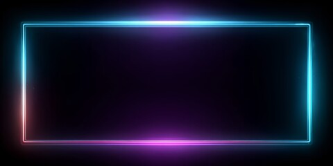 Futuristic neon glowing frame on dark background with pink and blue gradient light, modern technology banner template with copy space for digital design or web presentation.