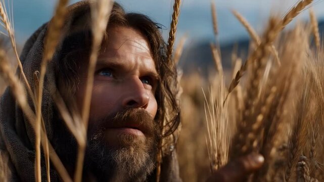 A bearded man in a hood peers through golden wheat stalks in a sunlit field.