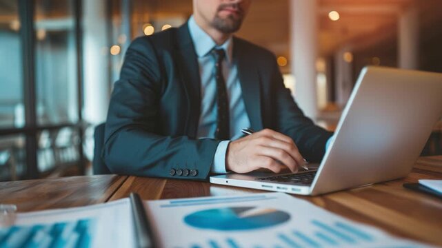 Businessman analyzing financial data on laptop - Powered by Adobe