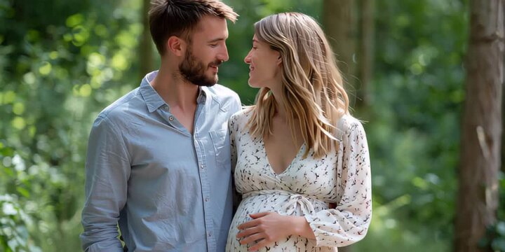 A loving expectant couple cherishes this beautiful moment in a sunlit park, eagerly anticipating their new family beginnings and the wonderful journey of parenthood ahead