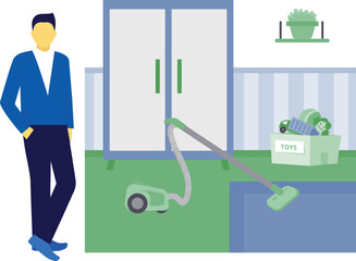 The man is cleaning garden