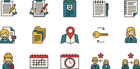 Modern Office Workflow Icons Set: Business Management, Teamwork, and Task Management for Planning, Organization, and Productivity in Corporate Strategy and Communication, Data Driven Decision Making,