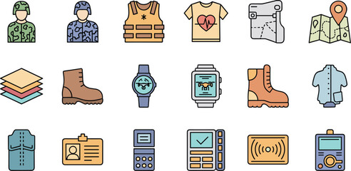 Military Gear and Equipment Icons Depicting Soldier, Uniform, Tactical Vest, Boots, and Communication Devices for Armed Forces Operations, Security, Emergency Response, Adventure Outfitting, and