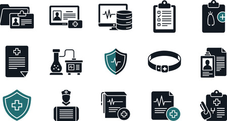 Medical Healthcare Icons Set Illustrating Diagnostics, Records Management, Patient Data, and Treatment Plans for Hospital Clinic Website, Health Application or Presentation Emphasizing Modern