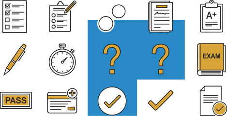 Academic Assessment and Examination Icons on Blue Backdrop for Educational Success and Knowledge Testing, with Checklists, Exam Book, and A+ Grade, for Study Planning and Learning Materials with