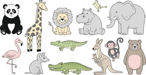 Cute Wildlife Animal Illustrations: A Diverse Collection of Adorable Zoo Animals in Playful Poses - Perfect for Children's Education, Graphic Design Projects, Storytelling, Creative Marketing