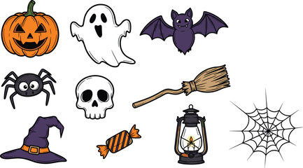 Halloween Cartoon Icons Collection Displayed on White Backdrop, Featuring a Spooky Pumpkin, Ghostly Spirit, Cute Bat, Scary Spider, Skull, Witch Broom, Lamp, Candy, Hat and Web for Holiday
