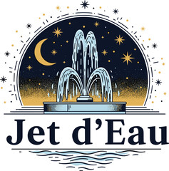 Elegant Jet d'Eau Fountain at Night Under Crescent Moon and Stars Graphic Illustration Design for Branding, Logo, Corporate Identity with Modern Style, Water Feature Symbolizing Purity and Beauty