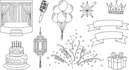 Celebration Party Elements Illustration: Stage, Microphone, Balloons, Confetti, Cake, Gift Box, and Crown for Birthday, Event, Performance, Anniversary, Celebration Graphics, Festive Design, Decor
