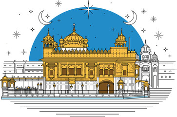Golden Temple of Amritsar Illustration in India, Sikhism Holy Site and Architectural Landmark Under Crescent Moons and Stars, Symbol of Spirituality and Cultural Heritage, for Travel, Design