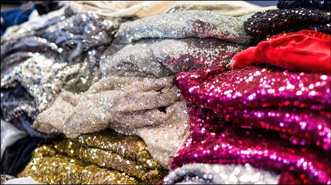 spile. A disorganized pile of cheap, sequin-adorned garments in a cluttered room. lifestyle magazines, social media lookbooks, designed for influencer and brand collaborations, strengthens branding.