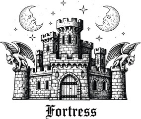 Ornate Fortress Under Moonlight with Gothic Gargoyles: Fantasy Castle Illustration, Stone Walls, Towers, Architectural Design, Historical Structures, Old-World Charm, Dark Ages, Mythical Realms