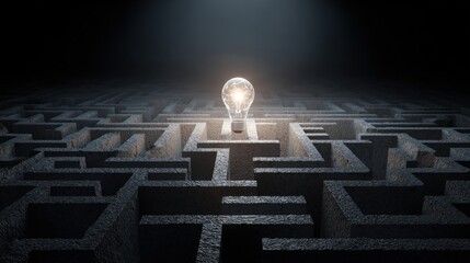 Light bulb shining brightly above a complex maze, symbolizing innovative solution