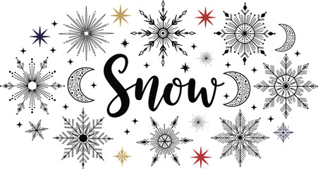 Elegant Snowflakes and Crescent Moons Arranged in Decorative Oval for Winter Season Greetings, Festive Holiday Celebrations and New Year Designs, Use for Stationery, Invitations and Graphic Projects