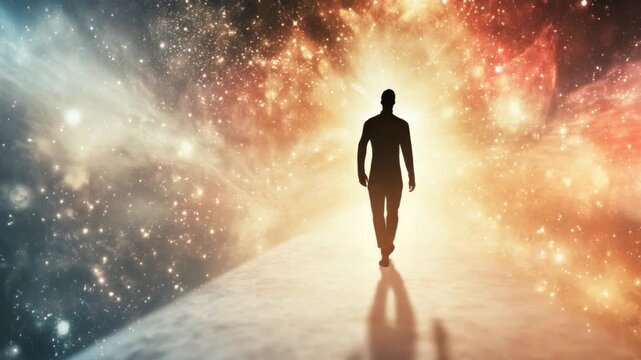 Journey Into The Unknown: A solitary figure embarks on a path, illuminated by the radiant glow of the cosmos. Symbolizing a journey of self-discovery, exploring the depths of the universe.