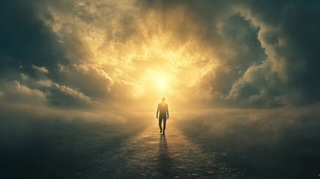 Path to Illumination: A solitary figure, silhouetted against a dramatic skyscape, walks toward an ethereal light. The scene evokes a sense of journey, hope, and enlightenment.