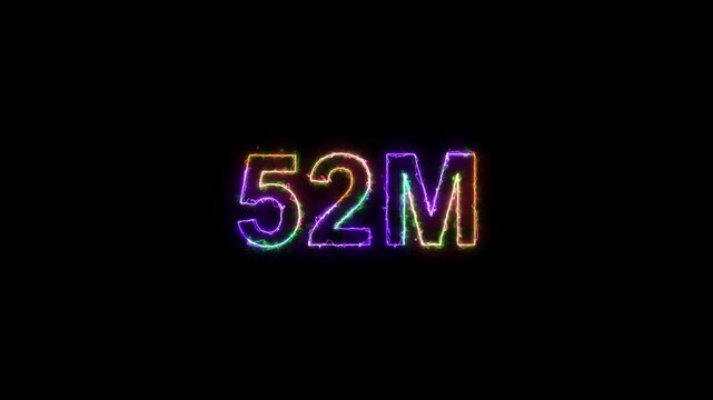 52 M followers neon text animation on black background. 52 Million followers realistic neon sign. Neon text 52 million followers or 39 million subscribers for social media.
