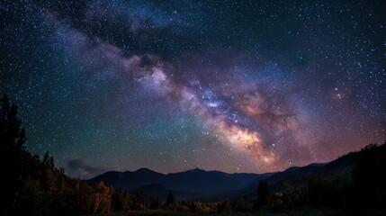 Milky way over the mountains on a starry night with colorful sky