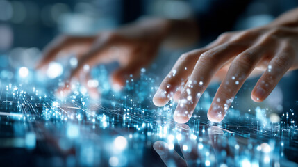 Defocused digital workspace with glowing blue data streams, hands typing and gesturing toward virtual holograms, with copy space.