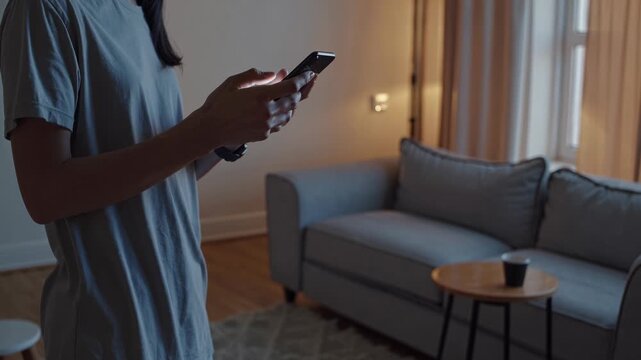 A dimly lit room with a person using a smartphone, captured from a side angle. The cozy setting suggests a casual video chat atmosphere.