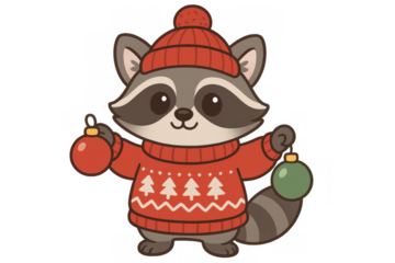 Raccoon cartoon wearing winter sweater and red bobble hat, holding christmas ornament, festive winter holiday season
