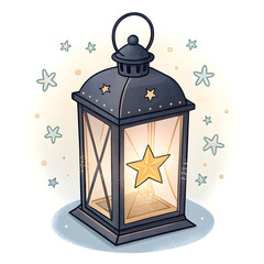 Glowing lantern in sticker style, symbolizing light, warmth, and spirituality, commonly used in Islamic festivals, isolated