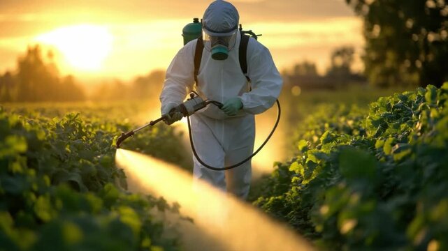 Agricultural worker spraying: A agricultural worker wearing protective gear sprays pesticides onto lush rows of crops. Against the backdrop of a setting sun.