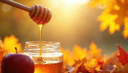 Golden honey drips from wooden dipper into glass jar. Red apple sits near jar. Autumn leaves and warm sunlight create seasonal background for natural sweet food.