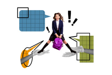 Composite photo collage of excited schoolgirl stand human palms wear gloves hold backpack back to school isolated on painted background