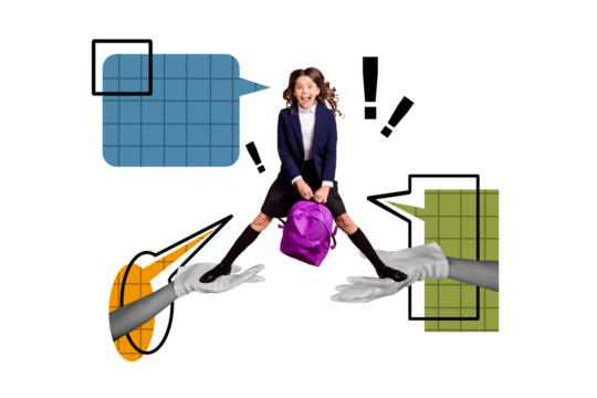 Composite photo collage of excited schoolgirl stand human palms wear gloves hold backpack back to school isolated on painted background