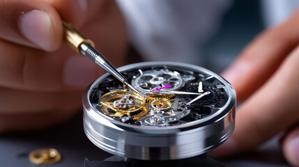 Overhead angle showing faceless technician creating detailed line art of separated mechanical watch elements, with copy space