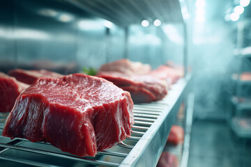 a highly realistic close-up of fresh red meat cuts stored on stainless steel racks inside a chilled cold room. the meat appears clean and firm with minimal surface moisture, no vis