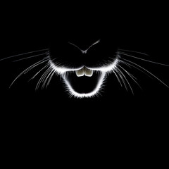 Front view, silhouette light of a rabbit's head, showing two white teeth, no details, clean black background, minimalist composition, sharp edges, 