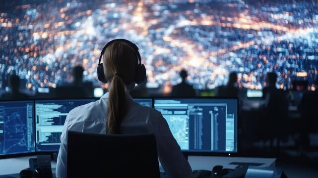 Digital Commanders: Inside a high-tech control room, a group of specialists monitor a complex cityscape through advanced technology.