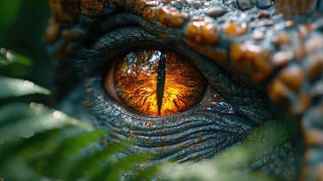 Mystical Gaze of a Prehistoric Beast: Captivating close-up of a reptile eye, its golden iris reflecting a hidden world amidst lush foliage. The intense stare embodies the untamed wilderness.